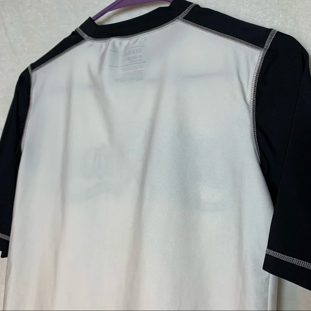 🐶 Old Navy White Tee with Black Raglan Sleeves and Blue Script Logo kid